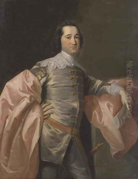 Portrait of gentleman, three-quarter-length, in a grey jacket and pink wrap - view 1