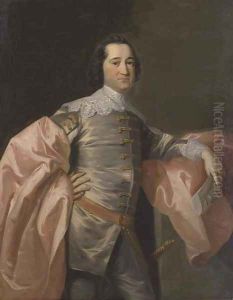 Portrait of gentleman, three-quarter-length, in a grey jacket and pink wrap by Allan Ramsay