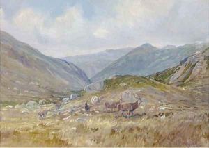 Stags with hinds in a Highland landscape by Colin Graeme Roe