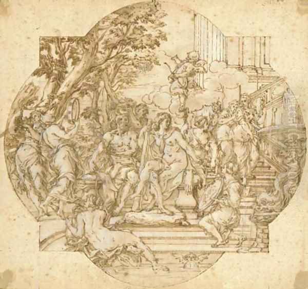 Hercules and Omphale with nymphs on a staircase leading to a fountain Design for a compartment - view 1