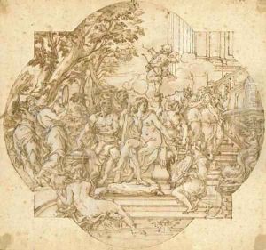 Hercules and Omphale with nymphs on a staircase leading to a fountain Design for a compartment
