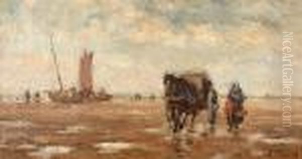 Shore Scene With Beached Boats, Figures, Horseand Cart - view 1