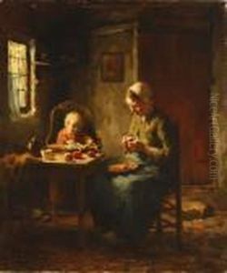 Woman Peeling Apples Sitting With A Child In A Dutch Interior by Evert Pieters