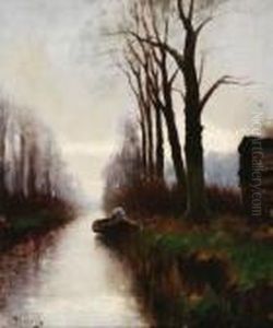 Polder Canal, Atthe Right A Man In A Boat Surrounded By Tall Trees