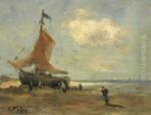 A Ship And Figures On The Beach by Evert Pieters