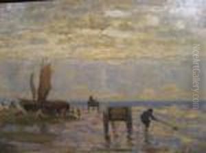 Pieters, Oil On Canvas, Shellfishers On Katwijk,signed. Measurements: 28cm X 49cm by Evert Pieters
