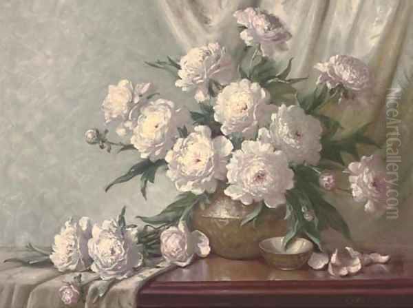 Peonies in a bronze vase on a draped table - view 1