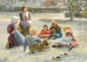 Children Plaiting Flower Crowns In A Summer Meadow by Evert Pieters
