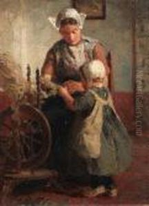 Helping Mother With The Spinning-wheel by Evert Pieters