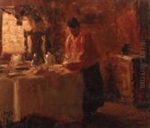 Woman In A Dutch Interior Setting The Table by Evert Pieters