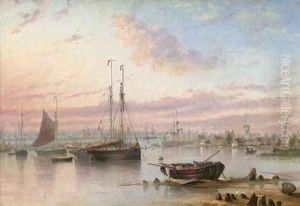 Shipping in the harbour at dusk by Henry Redmore
