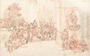 Woman Making Music Outside A Palace by Pietro Da Cortona (Barrettini)