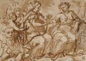 Allegorical Figures With A Lion by Pietro Da Cortona (Barrettini)