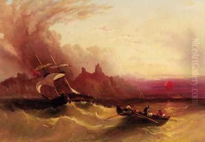 Shipping off the coast in choppy seas at sunset by Henry Redmore