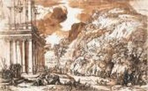 The Construction Of A Classical 
Temple, With Groups Of Astrologersand Architects, And A Boar Hunt In The
 Foreground