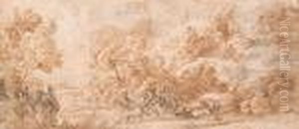 A Boar Hunt In An Extensive Wooded Landscape - view 1