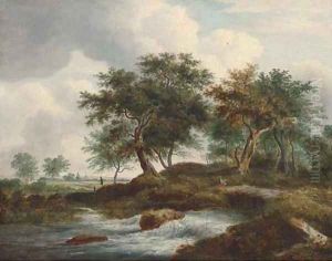 Figures resting by a river in a Dutch landscape by Ramsay Richard Reinagle