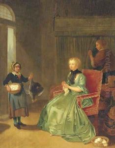 A lady seated in an interior, with a maidservant and a girl holding a chicken and basket of eggs by Tibout Regters