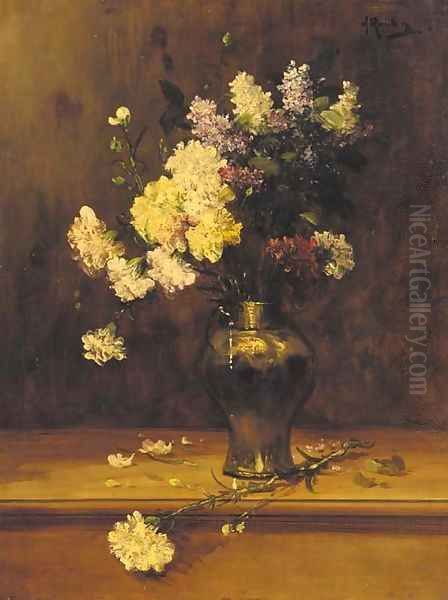 Geraniums and lilac in a copper vase - view 1