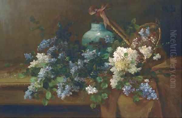 Carnations, hyacinths and other summer flowers overflowing from a basket by a vase on a draped table - view 1
