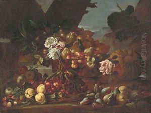 Cherries, figs, and roses in a glass bowl with apples, figs and cherries on a ledge in a clearing by Felice Rubbiani