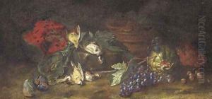 A watermelon, figs, dead birds and grapes on the vine in a clearing