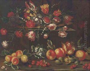 Carnations, tulips, roses, narcissi and other flowers in a dish on a ledge with pomegranates, cherries and nuts below