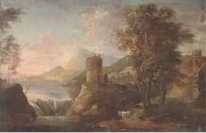 A landscape with figures under a tower by a waterfall