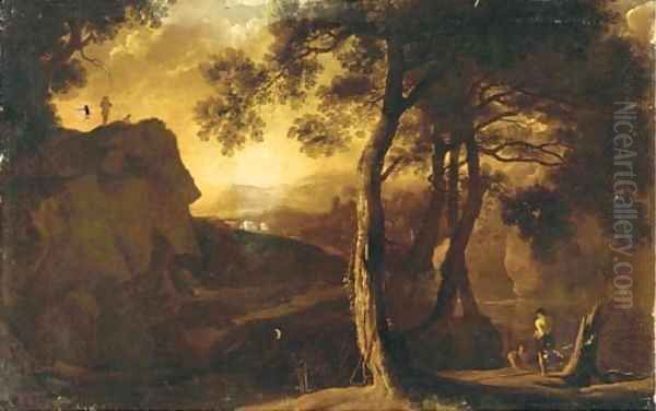 A mountainous landscape with anglers and a drover and his cattle on a hill top - view 1
