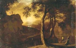 A mountainous landscape with anglers and a drover and his cattle on a hill top