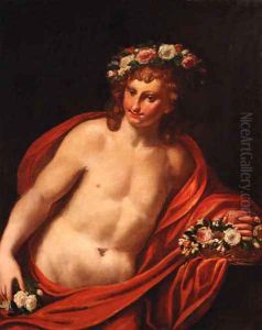 A young man with a floral wreath with a basket of flowers, holding a heart