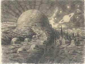 A fantastic town with a large temple, planets in the sky above by Gaston Redon