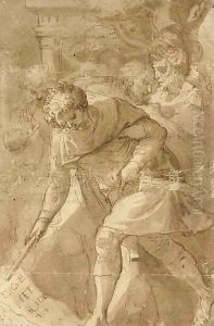 Four warriors, in the manner of Polidoro da Caravaggio by Raffaello Motta (Raffaellino Da Reggio)