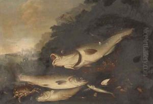 Dead fish, prawns, a lobster and a crab on a shore by Elana Recco