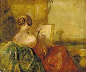 A lady sketching on a terrace by George Richmond
