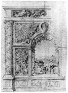 Putti harvesting Grapes from a Vine under an Arch decorated with a Bust of a Woman