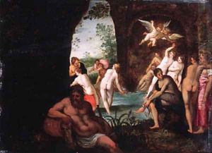Actaeon surprising Diana and her nymphs in a grotto, a river god in the foreground by Johann Rottenhammer