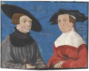 An elegantly dressed couple, half-length, the male figure holding a pair of compasses An elegantly dressed couple, half-length, the male figure holding a pair of compasses