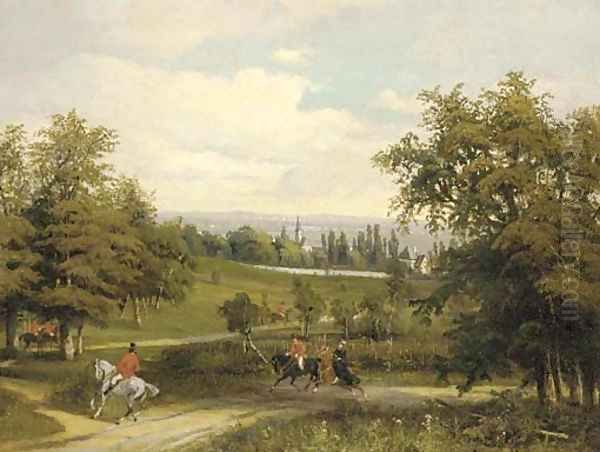 A hunting party on a wooded track with an extensive landscape beyond - view 1