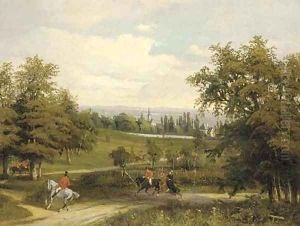 A hunting party on a wooded track with an extensive landscape beyond by Wilhelm August Rieder