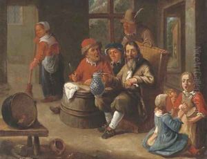 Peasants smoking and drinking with children making music and an old woman in an interior by Adriaen Rombouts