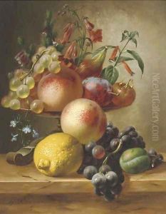 Still life with fruit on a ledge by Johannes Jun Reekers