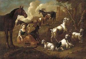 A shepherdess spinning wool with goats, horses and a dog nearby