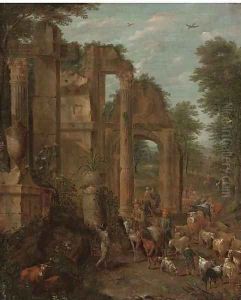 A landscape with shepherds, drovers and their flocks on a wooded track by classical ruins by Cajetan Roos