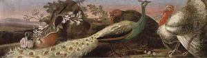 A peacock and two turkeys by a pot of flowers in a clearing by Giuseppe Romani