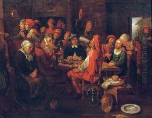 Figures making merry in an inn