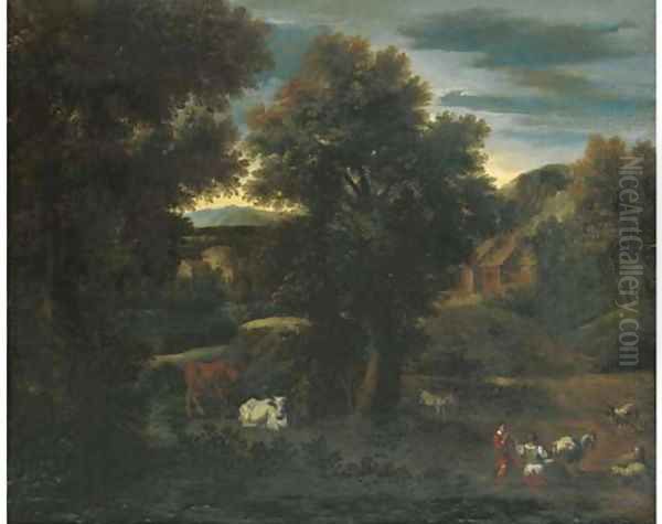 A wooded landscape with a shepherdess and cattle - view 1