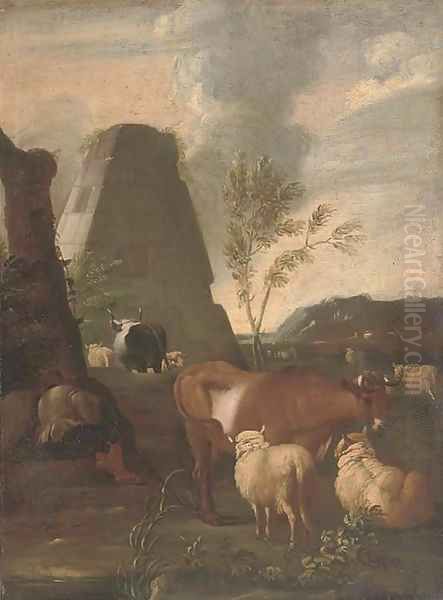 A drover resting by his cattle, a pyramid beyond - view 1