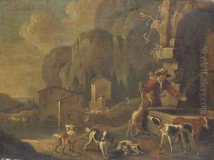 A hunter at a fountain in a landscape by Johann Heinrich Roos