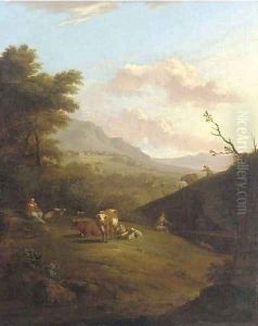 A mountainous landscape with peasants herding a cattle and a village beyond